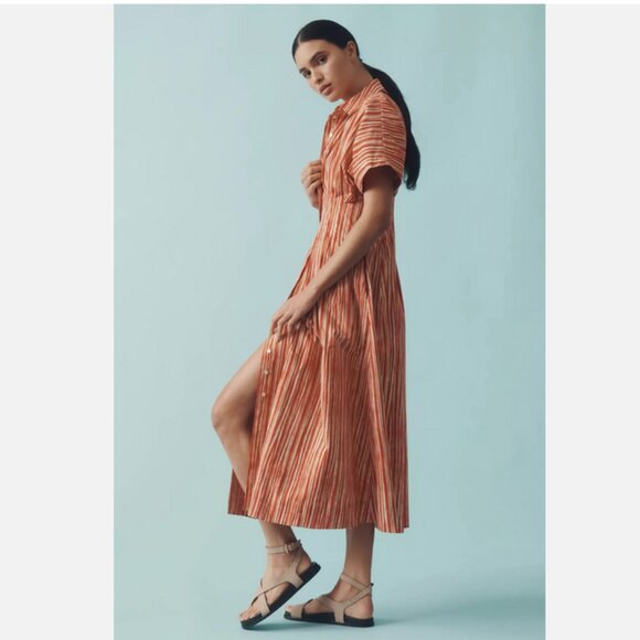 anthropologie red shirt dress Anthropologie MAEVE Shirt Dress Size 6 Button Down 3/4 Sleeve Burnt Orange  Lined